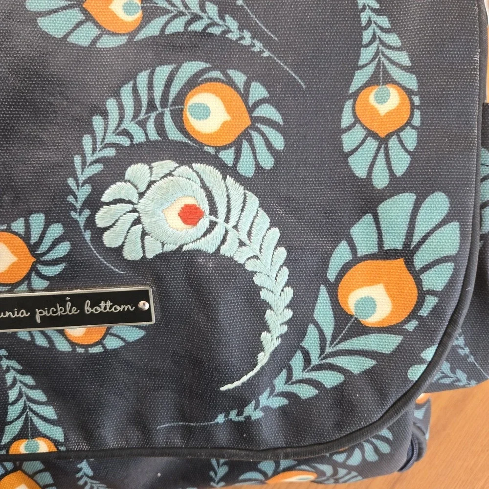 Petunia Pickle Bottom Boxy Backpack Diaper Bag Pad Blue Feather Floral Clean